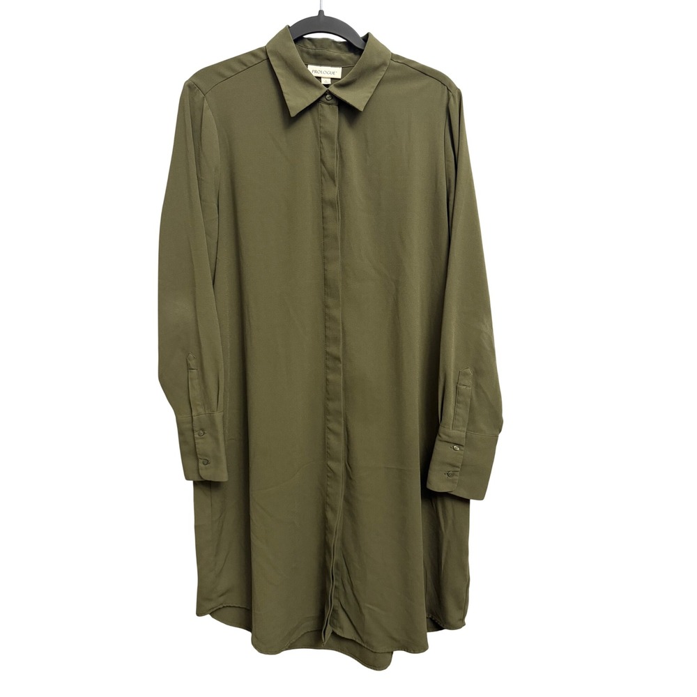 Prologue Olive Green Long Sleeve Hidden Button Down Shirt Dress Large Tunic